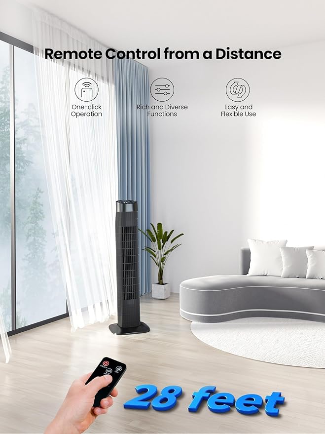 Uthfy 31 Inch Tower Fan for Bedroom, 120° Oscillating Quiet Standing Bladeless Fan With Remote, 7.5H Timer, 3 Speeds, 3 Modes, for Room, Dorm, Office, Black-Ruum Studio Home