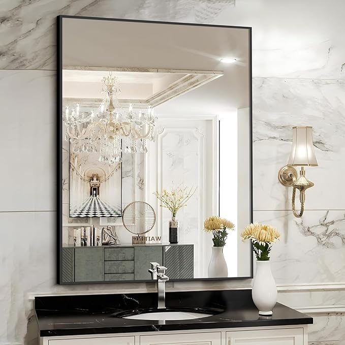 Black Bathroom Mirror for Wall, 30x48 Inch Rectangle Mirrors with Metal Frame, Modern Vanity Wall Mirror Decor for Bathroom Living Room, Entryway Hangs Horizontal or Vertical-Ruum Studio Home