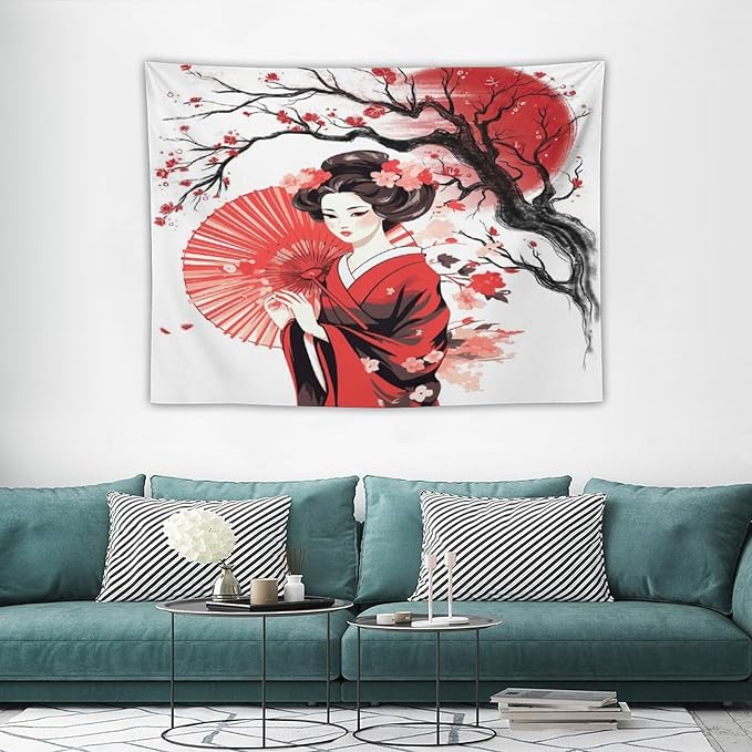Japanese Red Geisha Tapestry Asian Cherry Blossom Traditional Kimono Folk Tapestries Home Decor for Living Room Bedroom Apartment Farmhouse Dorm 40"x30"-Ruum Studio Home
