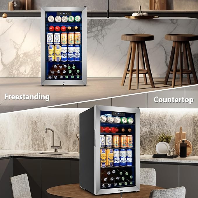 Tylza 130 Can Beverage Refrigerator Cooler, 3.22 Cu.Ft Beverage Cooler with Low-E Glass Door, Safety Lock, Beverage Fridge for Soda, Beer, Wine, Mini Fridge for Home, Office, Bar, Bedroom, Silver-Ruum Studio Home