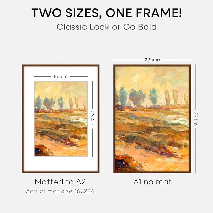 Homeforia A1 Poster Frame Brown, High End Dark Oak 23.4 x 33.1 Wooden Picture Frames Matted to 16.5 by 23.4 Photo, A1 Walnut Wood Frame with Mat A2, 23.4x33.1 Frame, Tempered Glass, Wall Kit, Set of 1-Ruum Studio Home