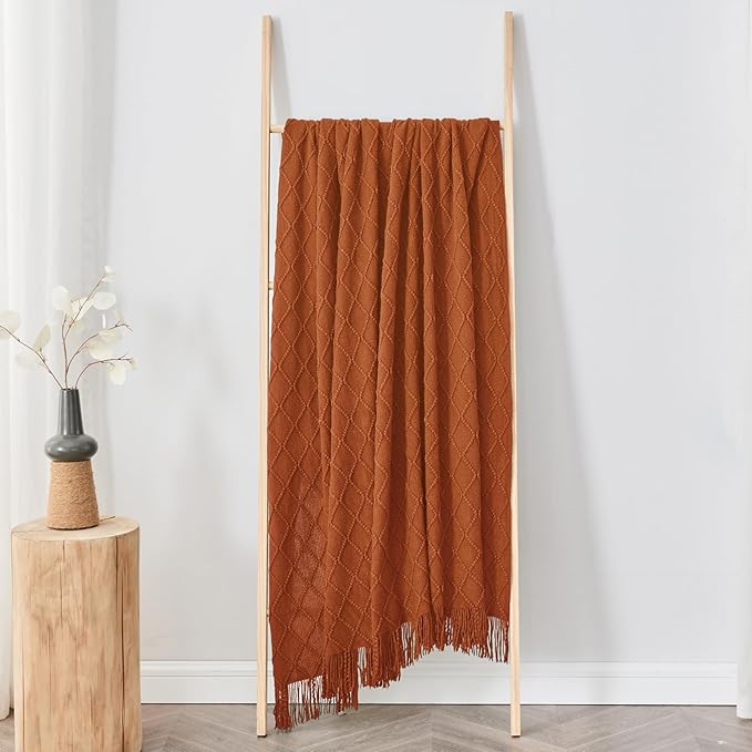 inhand Knitted Throw Blankets for Couch and Bed, Soft Cozy Knit Blanket with Tassel, Orange Rust Lightweight Decorative Blankets and Throws, Farmhouse Warm Woven Blanket for Men and Women, 60"x80"-Ruum Studio Home