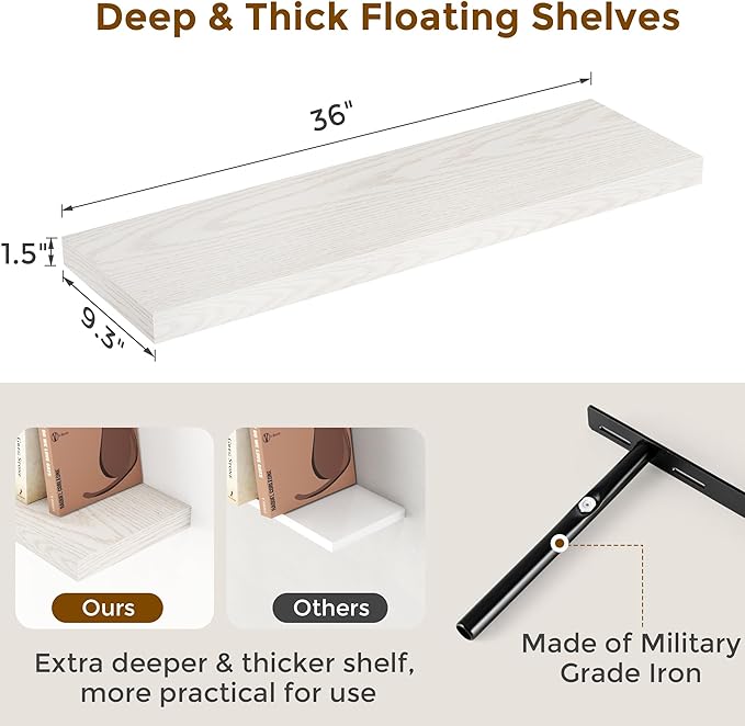 Floating Shelves 48 Inch Long, 48"W x 9"D Wall Shelf Invisible Bracket, 9 Inch Deep Floating Shelf for Wall, Rustic Wooden Shelves for Living Room, Kitchem, Bedroom, Brich Color, Set of 1-Ruum Studio Home