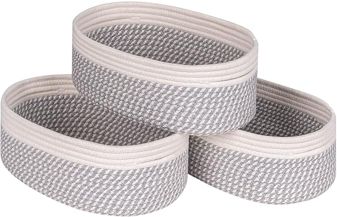 Shelf Storage Baskets for Organizing|Decorative Basket for Closet Storage|Toy Baskets&Bins|Small Woven Rope Baskets-13x8.66x5.11’’,Durable&Stylish,Oval 3 Packs Off White&Mixed Gray-Ruum Studio Home