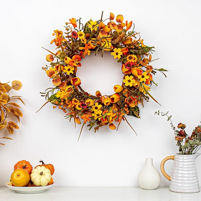 18 Inches Fall Wreaths for Front Door Rustic Autumn Wreath Farmhouse Fall Floral Wreaths with Tulips Phalaenopsis Orange Wildflowers for Wall Window Porch Indoor Outside Decor-Ruum Studio Home