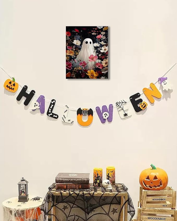 Halloween Canvas Wall Art,Vintage Cute Ghost & Wildflowers Framed Poster, Spooky Fall Decorations for Indoor, Gothic Dark Academia Wall Decor, Funny Halloween Decorations for Living Room Bedroom-Ruum Studio Home