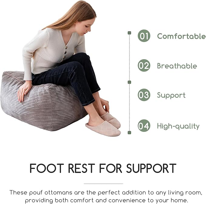 HIGOGOGO Square Stuffed Pouf Ottoman, Corduroy Poufs with Foam Chunk Filling, Furry and Fluffy Pouf Foot Stool Storage Ottoman, 25.6 X 25.6 Floor Poufs Foot Rest for Living Room, Grey-Ruum Studio Home