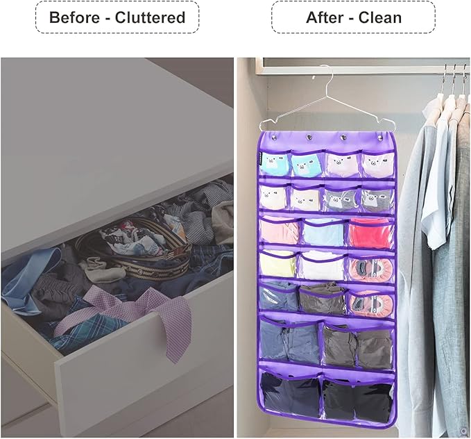 Dual Sided Hanging Organizer for Jewelry Makeup Storage Closet Organizers for Bows Socks Underwear with 42 Clear Pockets (PURPLE)-Ruum Studio Home