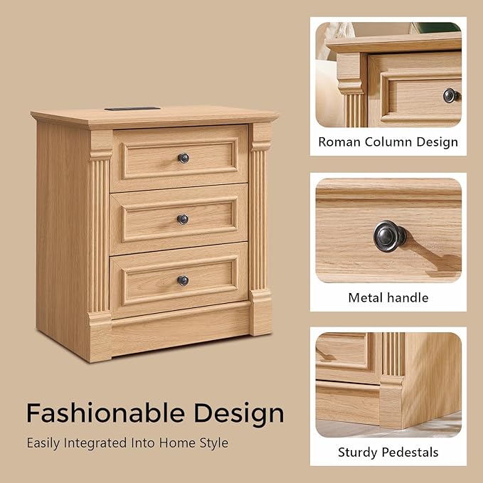 26" Tall Farmhouse Nightstand Set of 2, 3 Drawers End Table w/Charging Station, 23.6" Wide Large Side Table w/Roman Column, Wood Rustic Sofa Table for Bedroom, Natrual-Ruum Studio Home