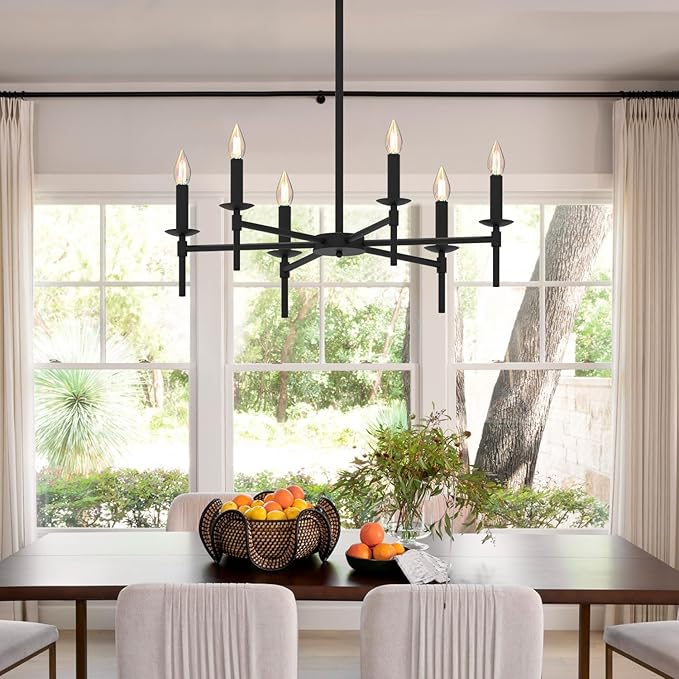 Black LED Chandeliers, Round Candle Hanging Lamp Ceiling, Modern Bedroom Chandelier Light Fixture for Kitchen Island Dining Room Living Room Farmhouse (Black-B 6Lights)-Ruum Studio Home