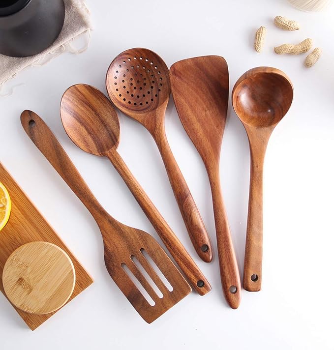 Wooden Spoons for Cooking, Cooking Utensils Set of 6 Natural Teak Wooden Cooking Spatulas with Utensils Holder Comfort Grip Wooden Kitchen Utensils for Nonstick Cookware-Ruum Studio Home