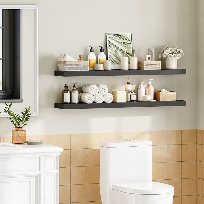HOOBRO Floating Shelves for Wall, Wall Mounted Shelf Set of 2, 47.2" Hanging Shelf with Invisible Brackets, for Wall in Bathroom, Bedroom, Toilet, Kitchen, Living Room, Office, Black BK120BJP201-Ruum Studio Home