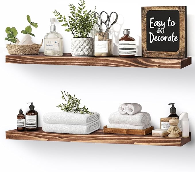 Floating Wall Shelves 2-Pack - Rustic Brown 16-inch Wooden Wall Shelves for Storage and Décor, Multi-Functional and Easy to Install for Living Room, Bedroom, and Kitchen-Ruum Studio Home
