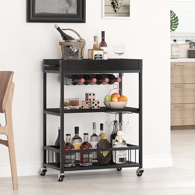 Bar Cart Serving Wine 3 Tier Home Rolling Rack with Wheels Mobile Kitchen Industrial Vintage Style Wood Metal Serving Trolley Serving Cart, Drink Cart for Living Room Kitchen-Ruum Studio Home