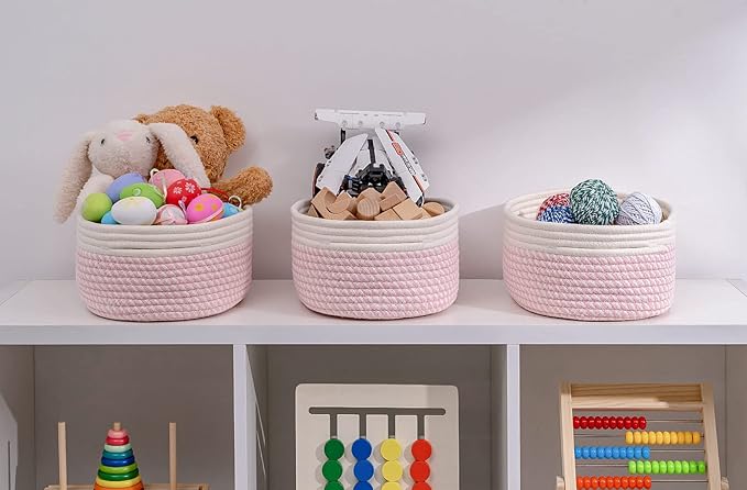 Off White&Mixed Pink Shelf Basket to Store and Organize Household Items/Baskets&Bins for Daily Storage &Organizing/Woven Rope Basket for Bedroom,Playroom/Small Oval-13x8.66x5.11’’,3 Packs-Ruum Studio Home