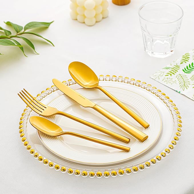 KINGSTONE Gold Silverware Set, 60-Piece Forged Flatware Set Cutlery Set Premium Stainless Steel, Service for 12, for Kitchen, Home, Wedding, Party, Mirror Polished and Dishwasher Safe-Ruum Studio Home