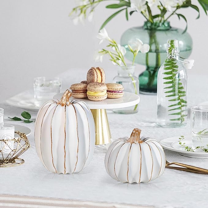 2Pcs Halloween Pumpkin Artificial Resin Pumpkins Decor for Mantel Harvest Autumn Tabletop Decoration Gold Fall Pumpkin Decorations Thanksgiving Table Centerpieces (Set C, ONE Size)-Ruum Studio Home