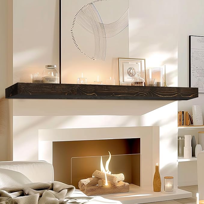 72x8x3 Fireplace Mantel - Solid Rustic Wood - Wall Mounted Floating Shelf with Invisible Heavy Duty Steel Bracket (Weathered Black)-Ruum Studio Home