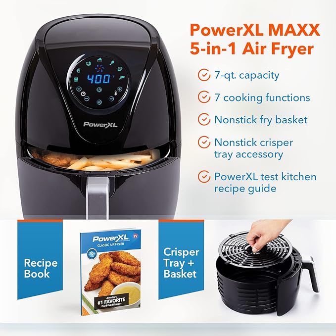 PowerXL Air Fryer 7 QT Maxx Classic, Extra Hot Air Fry, Cook, Crisp, Broil, Roast, Bake, High Gloss Finish, Nonstick, Black-Ruum Studio Home