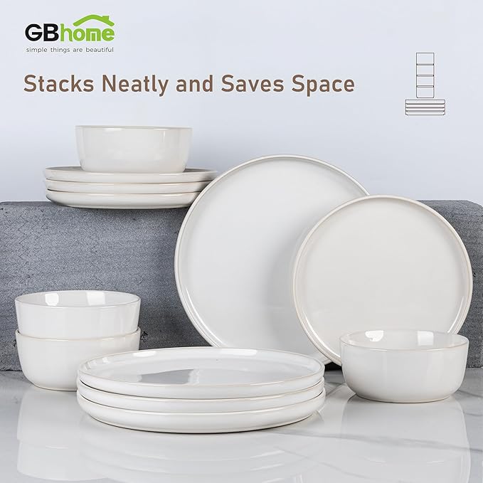 GBHOME Ceramic Dinnerware Sets for 4, 12 Pieces Stoneware Plates and Bowls Sets, Reactive Glaze Dishes -Scratch Resistant, Dishwasher&Microwave Safe-Star White-Ruum Studio Home
