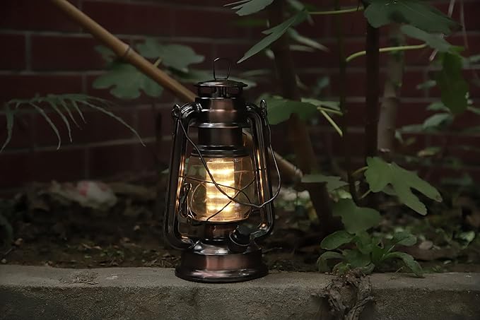 YAKii LED Vintage Lantern Metal Hanging Hurricane 12 LED Dimmer Switch Warm White Battery Operated Power Outage Indoor Camping Lighting Outdoor Brooklyn Decoration(Copper)-Ruum Studio Home