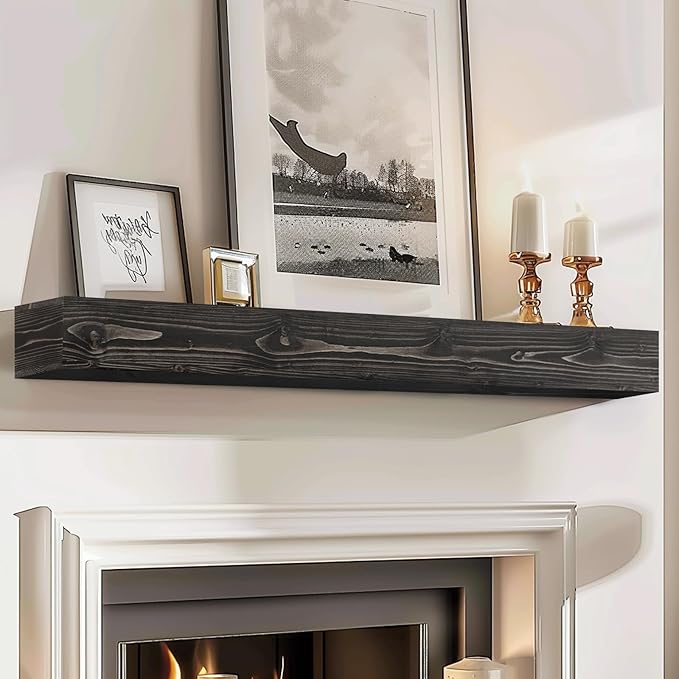 56x8x5 Fireplace Mantel - Handcrafted Hollow Rustic Solid Wood Wall Mounted Floating Shelf with Invisible Heavy Duty Wood Bracket (Weathered Black)-Ruum Studio Home