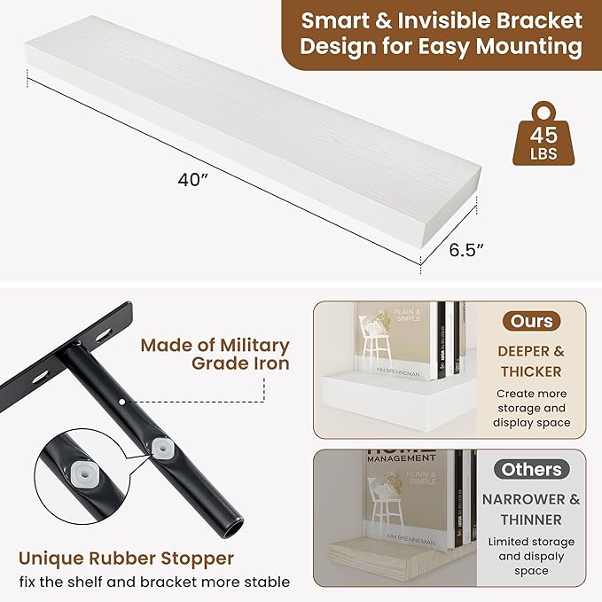 fuqing Floating Shelves for Wall, Bathroom Shelf Wall Mounted for Storage, Shelves with Invisible Bracket for Bedroom, Kitchen, Living Room, Farmhouse Small Book Shelf, 40 Inch Set of 2, White-Ruum Studio Home