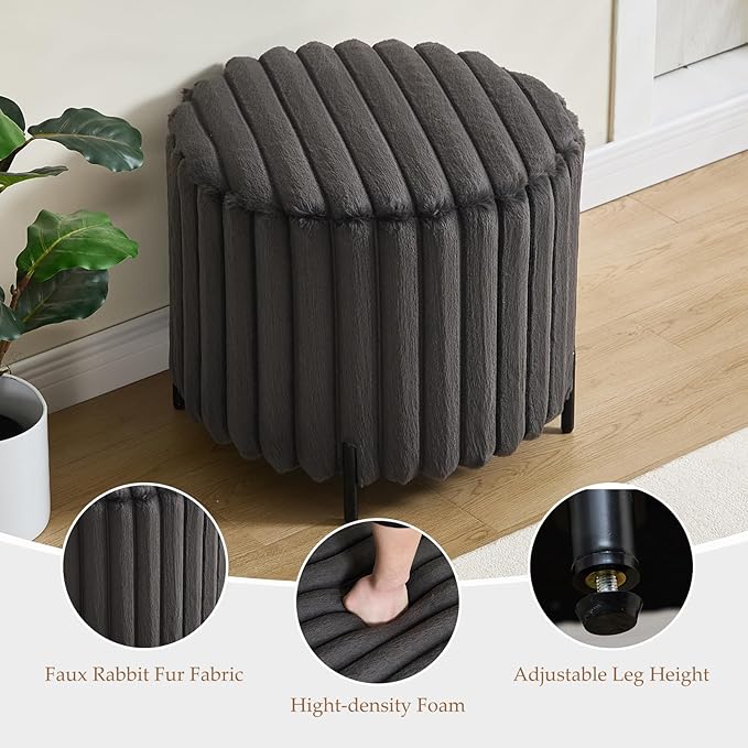 Furniliving Modern Round Ottoman, Large Size Bedroom Ottoman Footstool Round Ottomans Stool for Living Room, Bedroom, Makeup Room, Black, Faux Fur-Ruum Studio Home