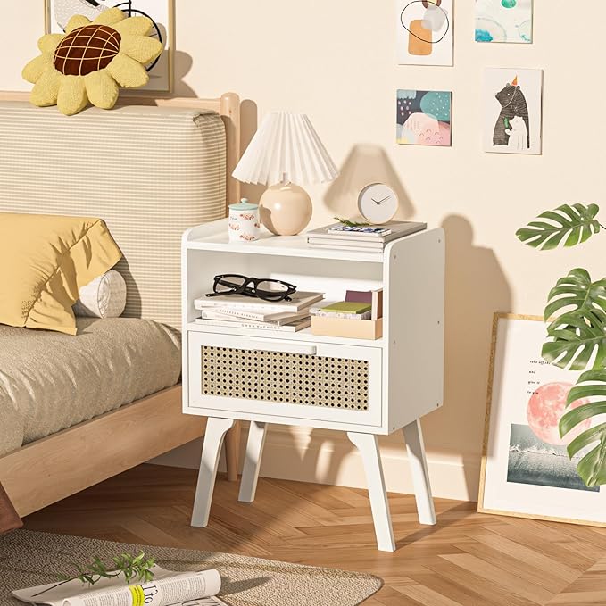 Lerliuo Rattan Nightstand, Bedside Table with Drawer Open Shelf, Cane Accent Side End Table with Solid Wood Legs, White Mid Century Night Stand for Bedroom, Dorm and Small Spaces-Ruum Studio Home