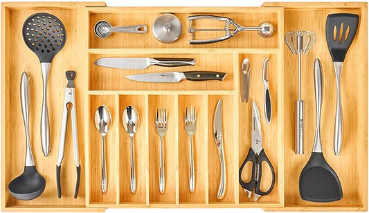 Umilife Extra Large Expandable Kitchen Siverware Utensils Drawer Organizer, 19" Deep for Big Drawer, Adjustable Bamboo Wood Drawer Divider with Curved Grooves, Cutlery Tray Flatware Holder-Ruum Studio Home