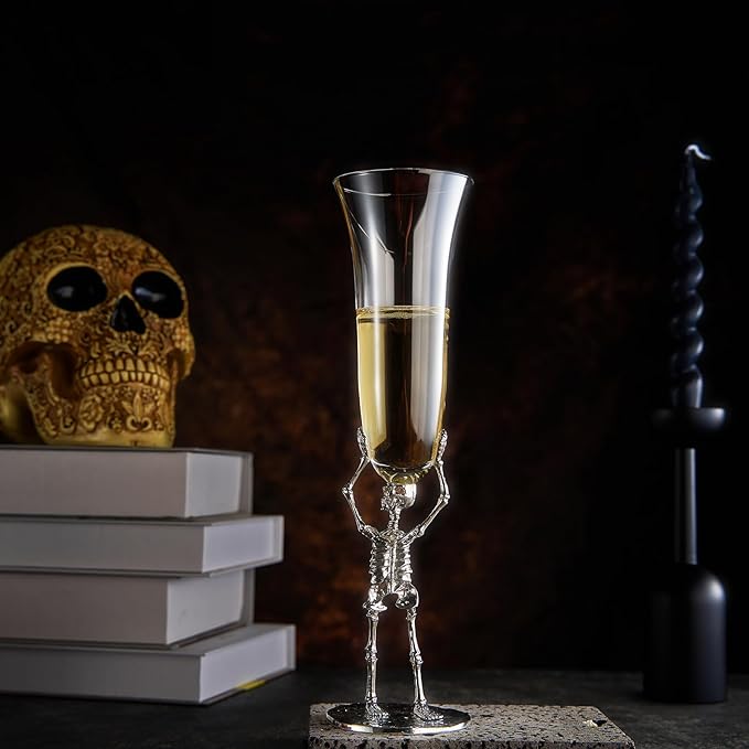 Skeleton Champagne Flute Glass 7.5oz | Gothic Halloween Drinkware | 10" Tall Skeleton Goblet for Haunted House Decor, Spooky Wine Glass, Gothic Party Supplies, Skeleton Gifts & Themed Celebrations