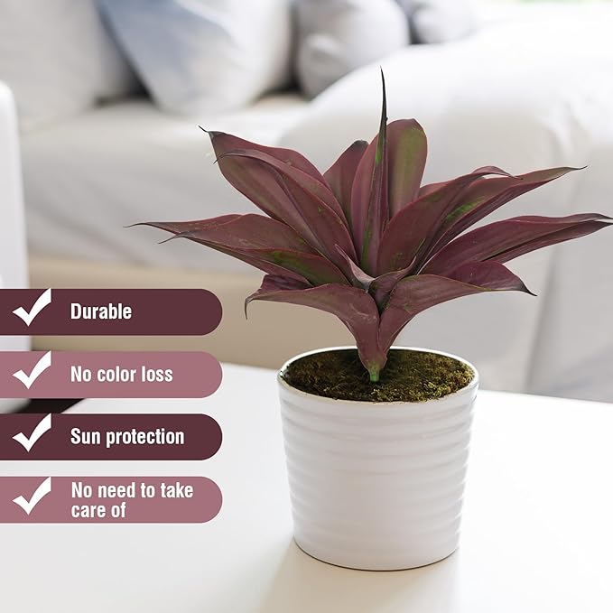 Fake Plants Artificial Agave Plants 13.8" Large UV Resistant Fake Agave Planters for Indoor and Outdoor Decorating Tropical Plant Succulents Greenery Indoor Decor(2Pack, Purple-Ruum Studio Home