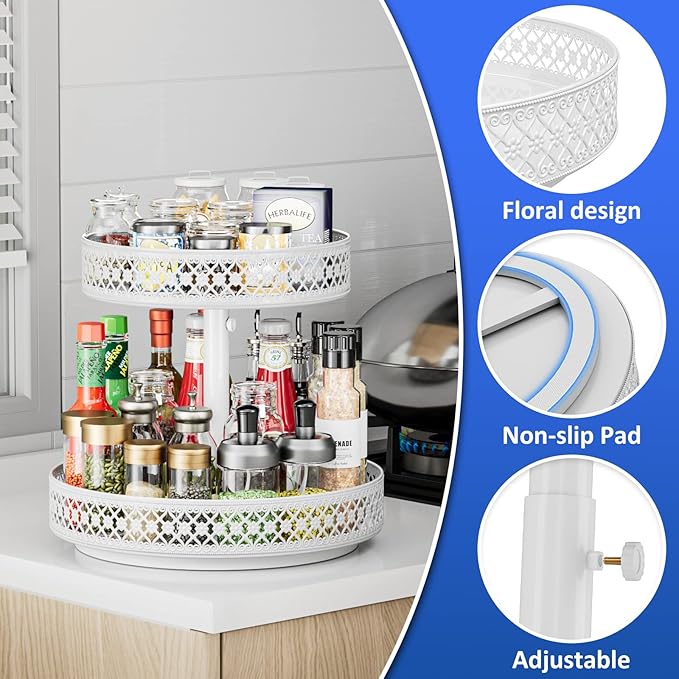 Lazy Susan Organizer 2 Tier - Turntable Spice Rack 12 inch Adjustable Metal Rotating Lazy Susan for Cabinet Pantry Kitchen Countertop Dining Table Cupboard Bathroom Vanity Storage White-Ruum Studio Home