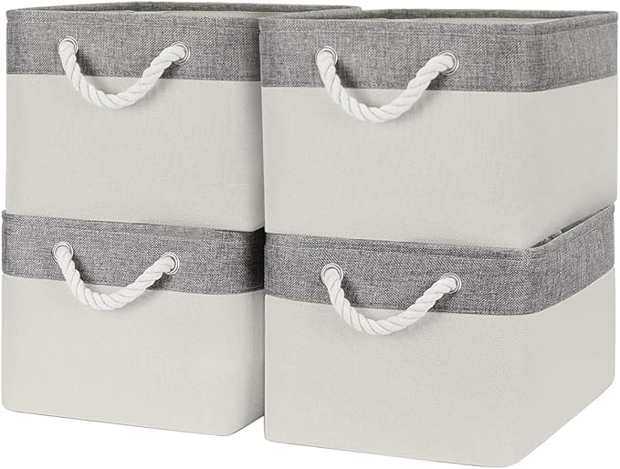 Organization and Storage Basket for Organizing - Large 4 Pack 16x12x8 inch Fabric Storage Cube Collapsible Baskets for Shelves, Storage Bins for Cloth Books (Grey & White)-Ruum Studio Home