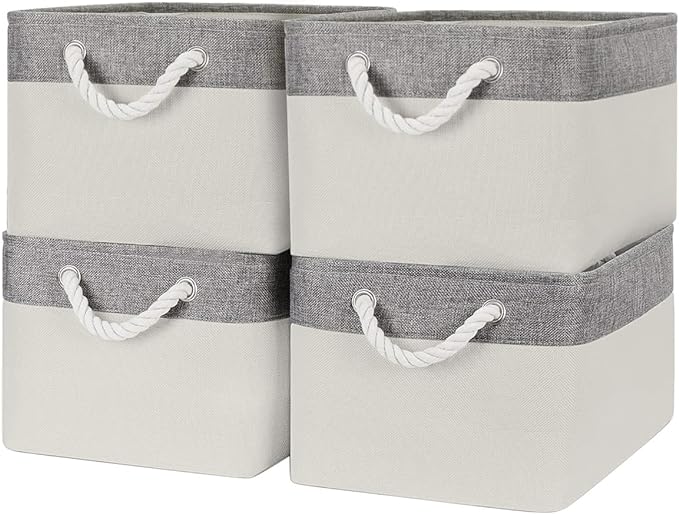 Organization and Storage Bins for Shelves - Large 4 Pack 16x12x8 inch Collapsible Storage Basket for Organizing, Fabric Storage Cubes for Box Closet Cloth Toy Nursery Books Kids (Grey & White)-Ruum Studio Home