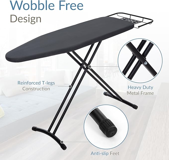 Ironing Board 48" x 15" with Retractable Iron Rest, RAINHOL Heavy Duty Full Size Iron Board, Sturdy Wide Frame with Thick Padding Cover, Height-Adjustable, Black-Ruum Studio Home