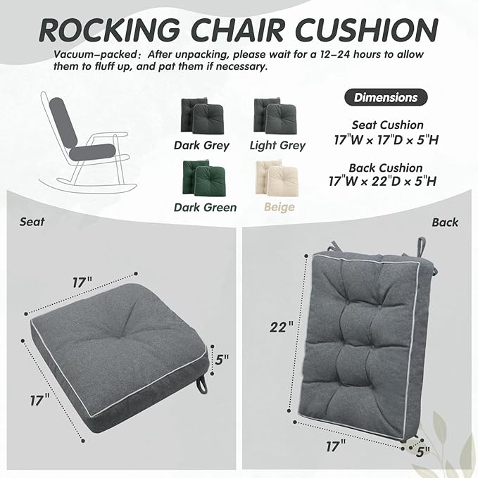 YZ HOME Rocking Chair Cushion, Set of Thicken Seat & Back Chair Cushions with Memory Foam, Non-Slip Chair Pad with Ties for for Indoor&Outdoor Rocker, Light Grey, 22x17x5/17x17x5-Ruum Studio Home