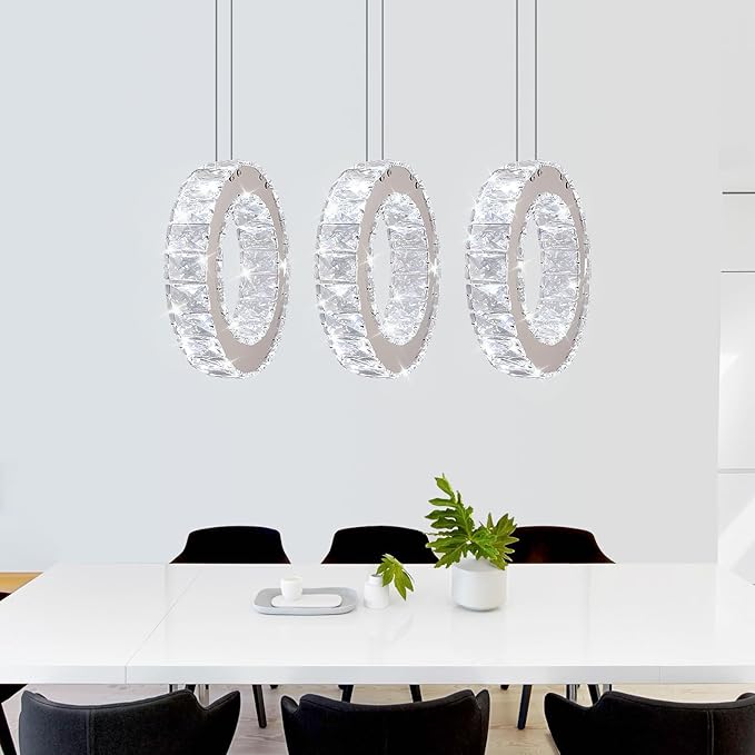 Buccleuch 3-Ring Crystal Chandelier, Dimmable LED Pendant Light Fixture Adjustable Stainless Steel Pendant Light, Silver Crystal Chandeliers for Dining Room, Bedroom, Living Room-Ruum Studio Home
