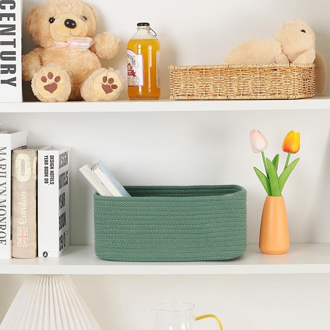 Small Storage Baskets for Organizing | Closet Organizer Bins | Shelf Toy Basket | Woven Rope Baskets | Cube Decorative Box | Shallow Basket | 11.5x7.5x4.7” | 4 Packs Green-Ruum Studio Home
