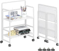 4NM 2 Tiers No-Assembly Folding Bookshelf with Wheels, Portable Rolling Storage Bookcase & Compact Side Table for Living Room, Bedroom, Kitchen, Bathroom (All White)-Ruum Studio Home