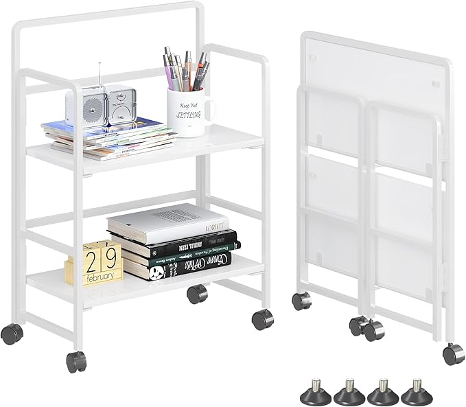 4NM 2 Tiers No-Assembly Folding Bookshelf with Wheels, Portable Rolling Storage Bookcase & Compact Side Table for Living Room, Bedroom, Kitchen, Bathroom (All White)-Ruum Studio Home