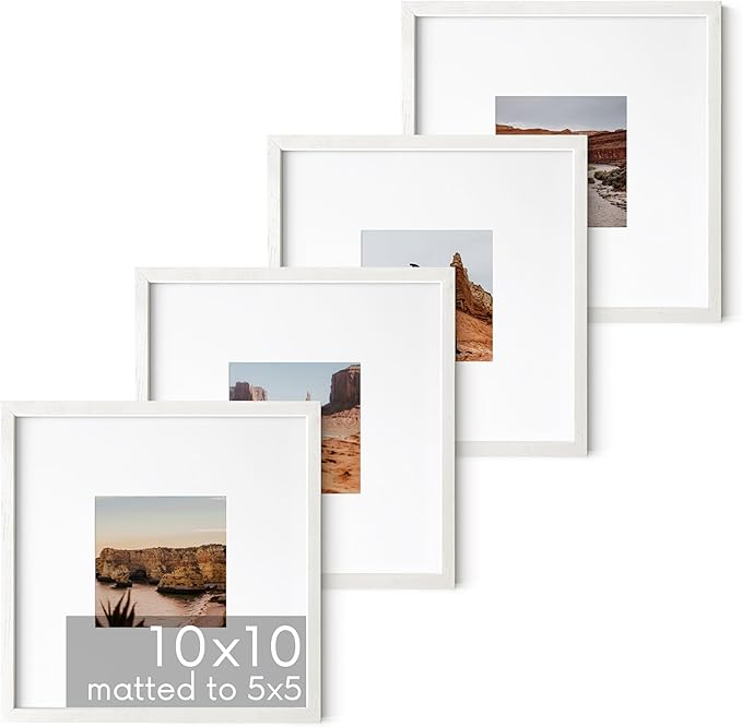 HAUS AND HUES Solid Oak Wood 10”x10”Picture Frames Matted to 5”x5” Set of 4 - White Picture Frames 10 x 10, Square White Frames, 10 x 10 Picture Frames, Photo Gallery Wall Frame Set-Ruum Studio Home