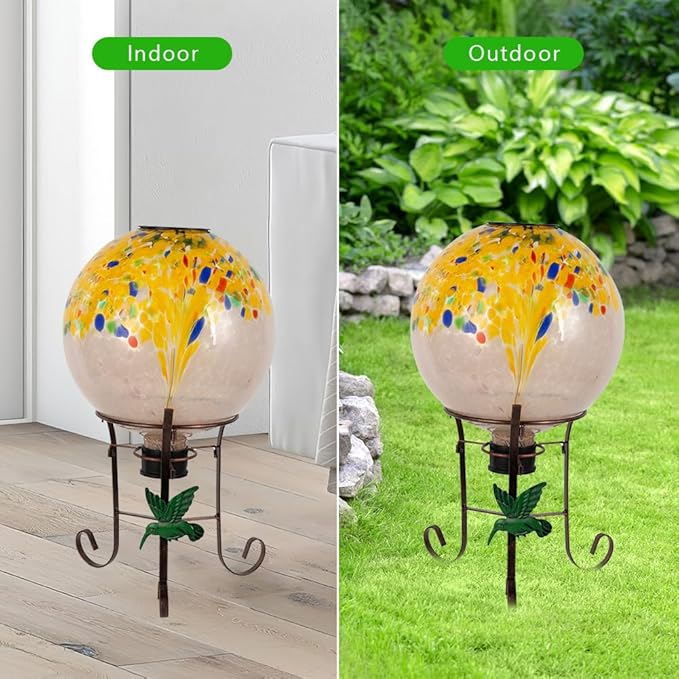 10" Diameter Solar Gazing Ball and 8.5" Metal Stand Indoor Outdoor Yard Art Ornament Coloful Spot Glass Globe Sphere Solar Gazing Balls for Garden,Lawn,Porch,Patio Birthday Gifts for Women,Mom-Ruum Studio Home