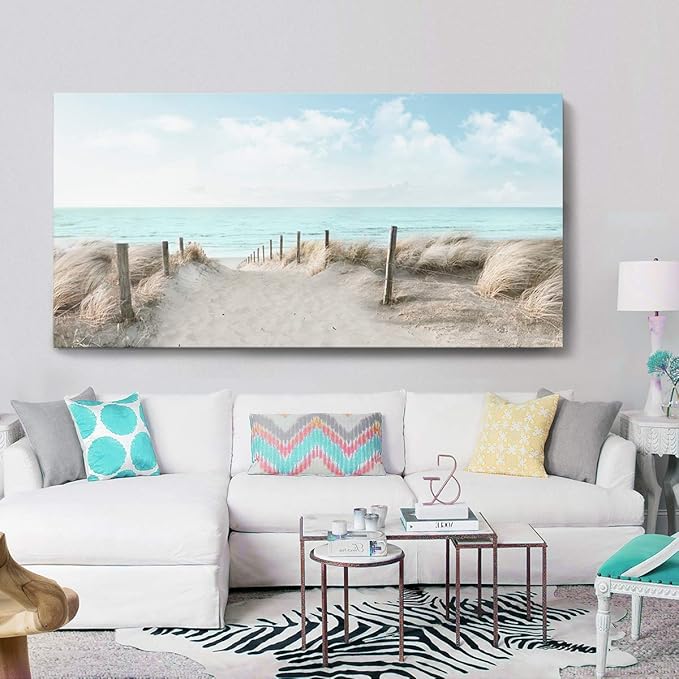 Large Canvas Wall Art Sky Beach Painting Picture Print on Canvas Framed Wall Art for Living Room Wall Decor for Bedroom Modern Coastal Landscape Room Decorations Artwork Size 60x30 Ready to Hang-Ruum Studio Home