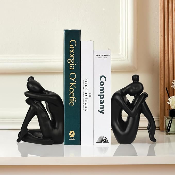 Unique Cast Iron Girl Thinker Bookends, Heavy-Duty Decorative Book Stoppers for Shelves, Creative Home and Office Desk Ornaments, 1 Pair/2 Pieces, 5.9"-Ruum Studio Home