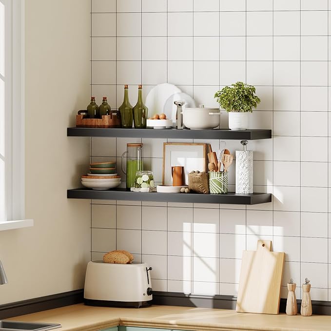 HOOBRO Floating Shelves for Wall, Wall Mounted Shelf Set of 2, 39.4" Hanging Shelf with Invisible Brackets, for Wall in Bathroom, Bedroom, Toilet, Kitchen, Livingroom, Office, Black BK100BJP201-Ruum Studio Home