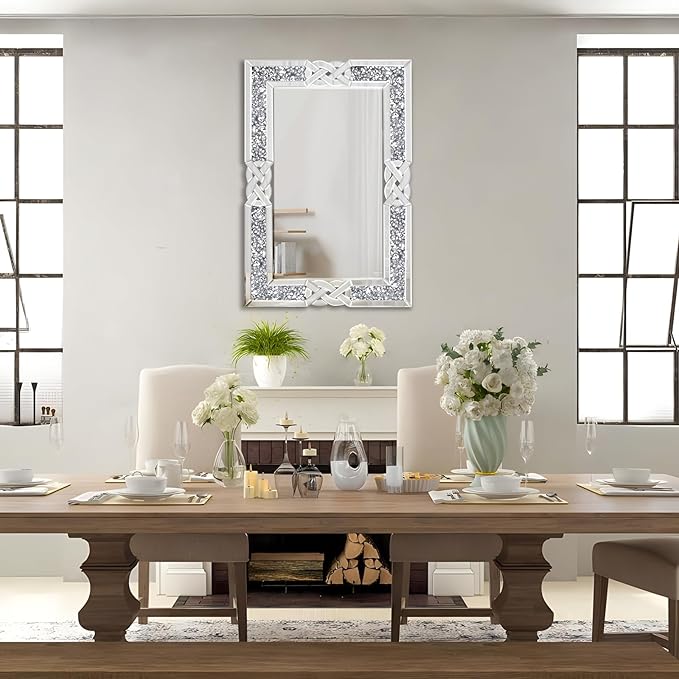 Crushed Diamond Decorative Wall Mirrors, 27.7x39.5 Inch Rectangle Living Room Mirrors for Wall Decor, Modern Glam Bathroom Dining Room Entryway Mirror Silver-Ruum Studio Home