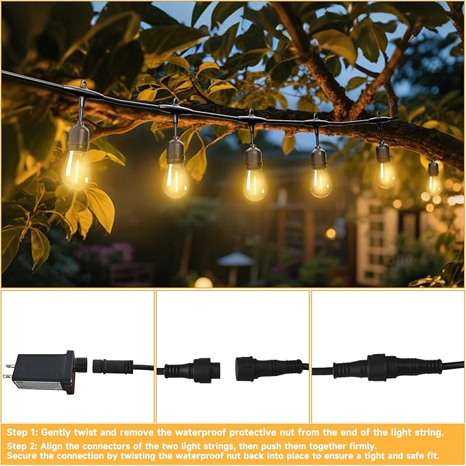 Outdoor Safety String Lights 100FT - 24V 20W Commercial Grade Low Voltage Strand with 40 S14 Shatterproof Bulbs for Tree Garden Yard Cafe Bistro | Warm Yellow 3500K | IP65 Waterproof | UL Listed-Ruum Studio Home