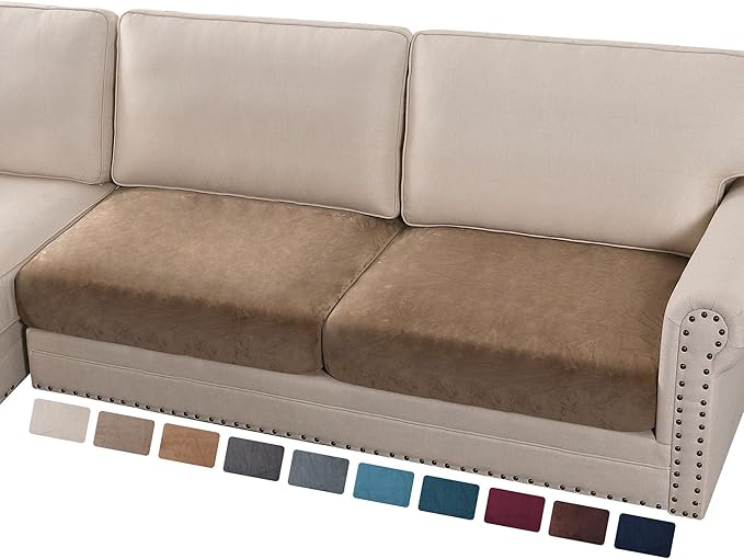 PrinceDeco Velvet Couch Cushion Cover Soft Stretch Cushion Slipcover for Chair Loveseat Sofa Cushion Furniture Protector Seat Cushion Sofa Cover (2 Piece Large Sofa Cushion Covers, Taupe)-Ruum Studio Home