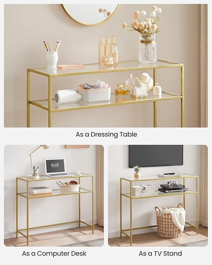 VASAGLE 39.4 Inch Console Sofa Table, Modern Entryway Table, Tempered Glass Table, Metal Frame, 2 Shelves, Adjustable Feet, for Living Room, Hallway, Gold Color ULGT025A01-Ruum Studio Home
